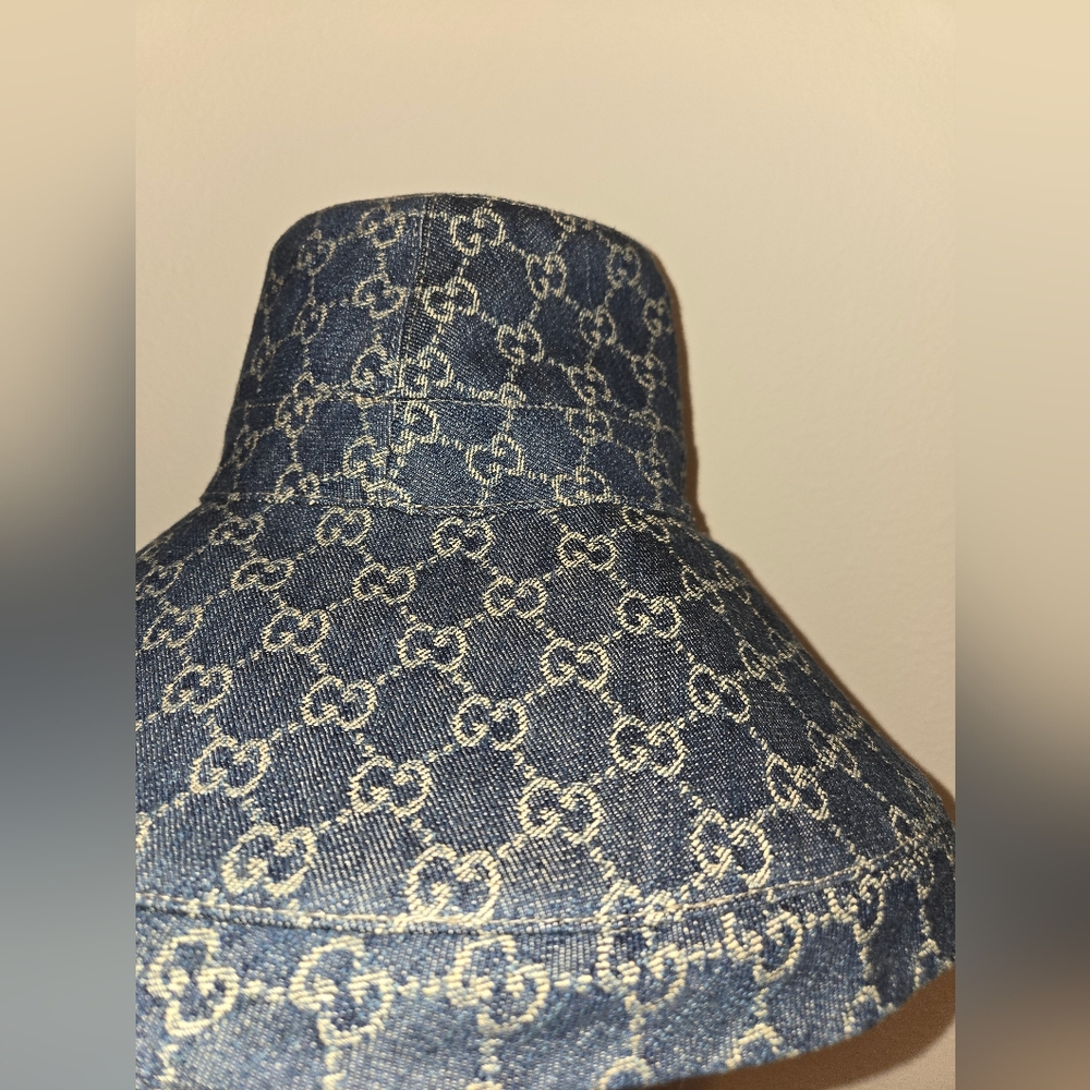 Gucci Blue Wash Denim GG Monogram Wide Brim Bucket Hat